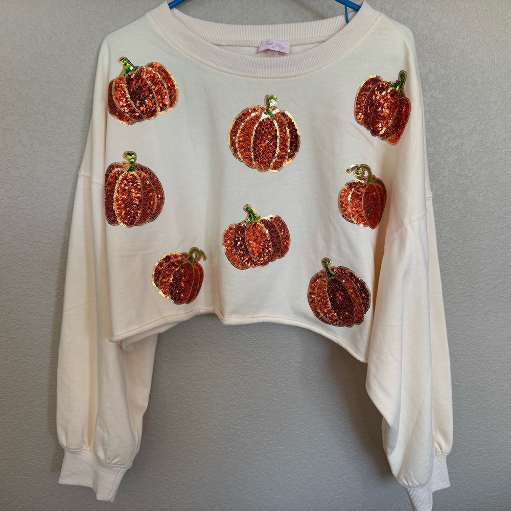 Pink Lily Cream and Orange Pumpkin Crew Neck Sweater